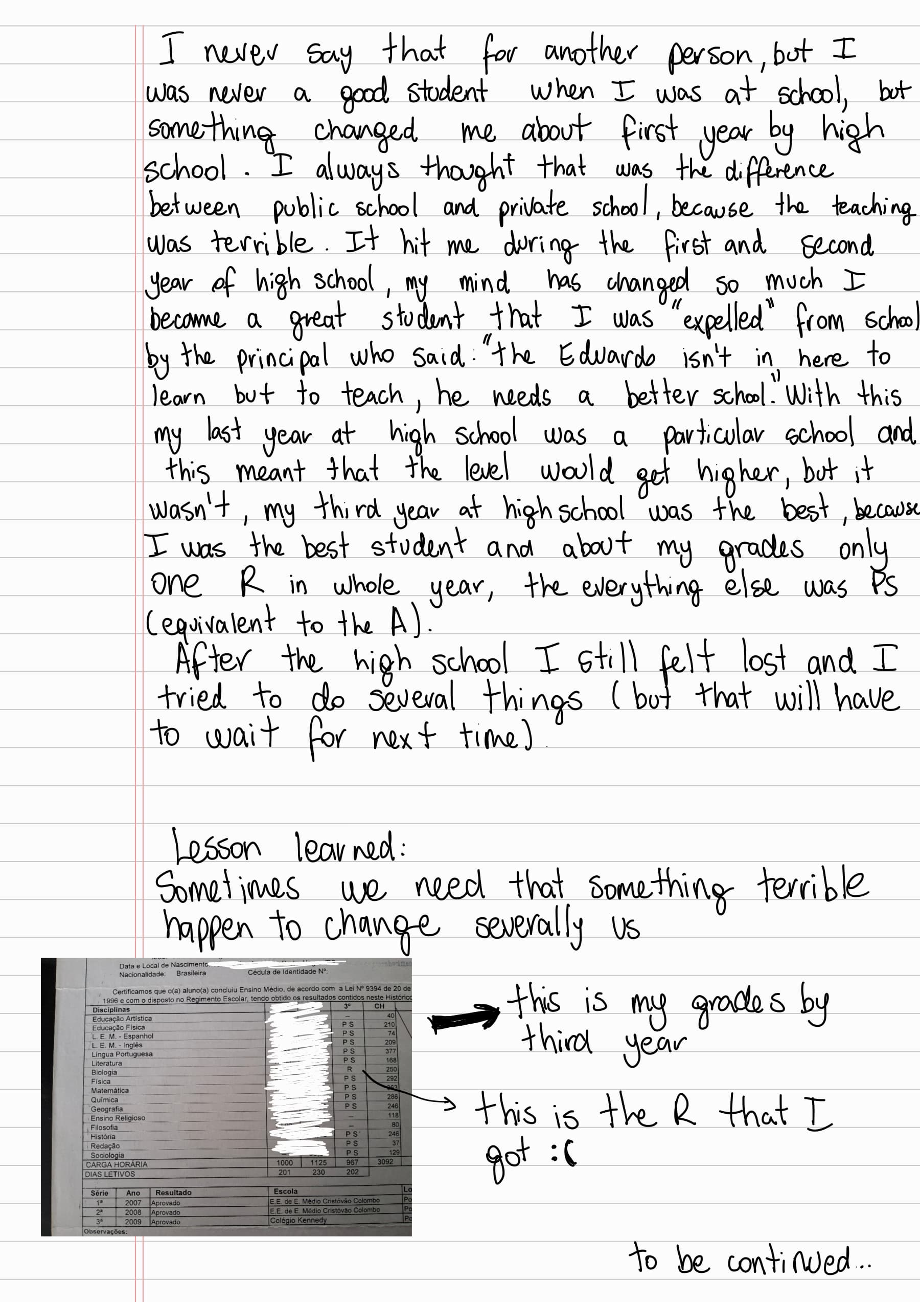 I never say that for another person, but I was never a good student when I was at school, but something changed me about first year by high school. I always thought that was the difference between public school and private school, because the teaching was terrible. It hit me during the first and second year of high school, my mind has changed so much I became a great student that I was "expelled" from school by the principal who said: "The Eduardo isn't in here to learn but to teach, he needs a better school". With this my last year at high school was a particular school and this meant that the level would get higher, but it wasn't, my third year at high school was the best, because I was the best student and about my grades only one R in whole year, the everything else was Ps (equivalent to the A).
After the high school I still felt lost and I tried to do several things (but that will have to wait for next time).
Lesson learned:
Sometimes we need that something terrible happen to change severally us
this is my grades by third year
this is the R that I got: :(
to be continued...